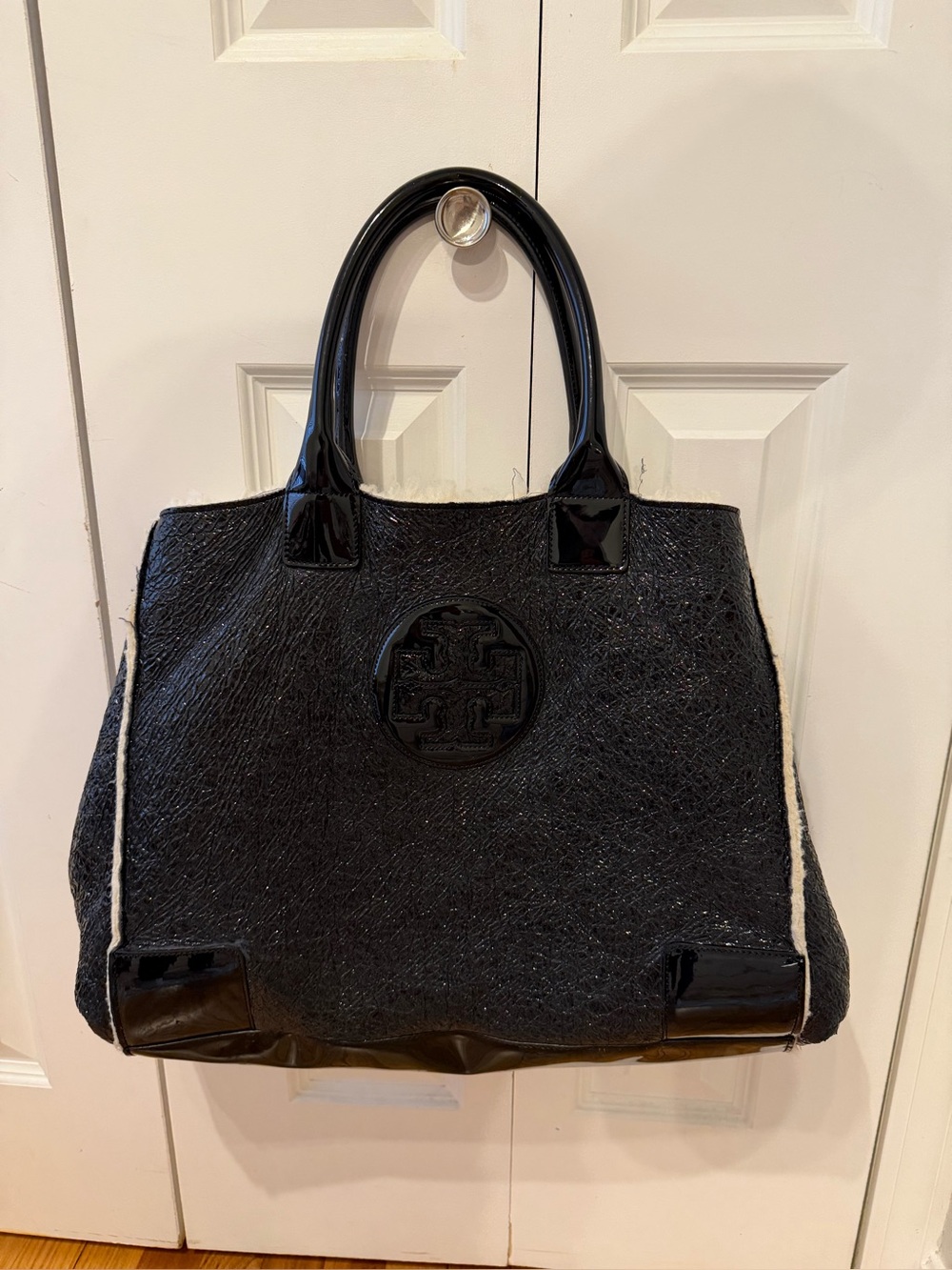 Tory Burch Black Patent Leather & Shearling Tote